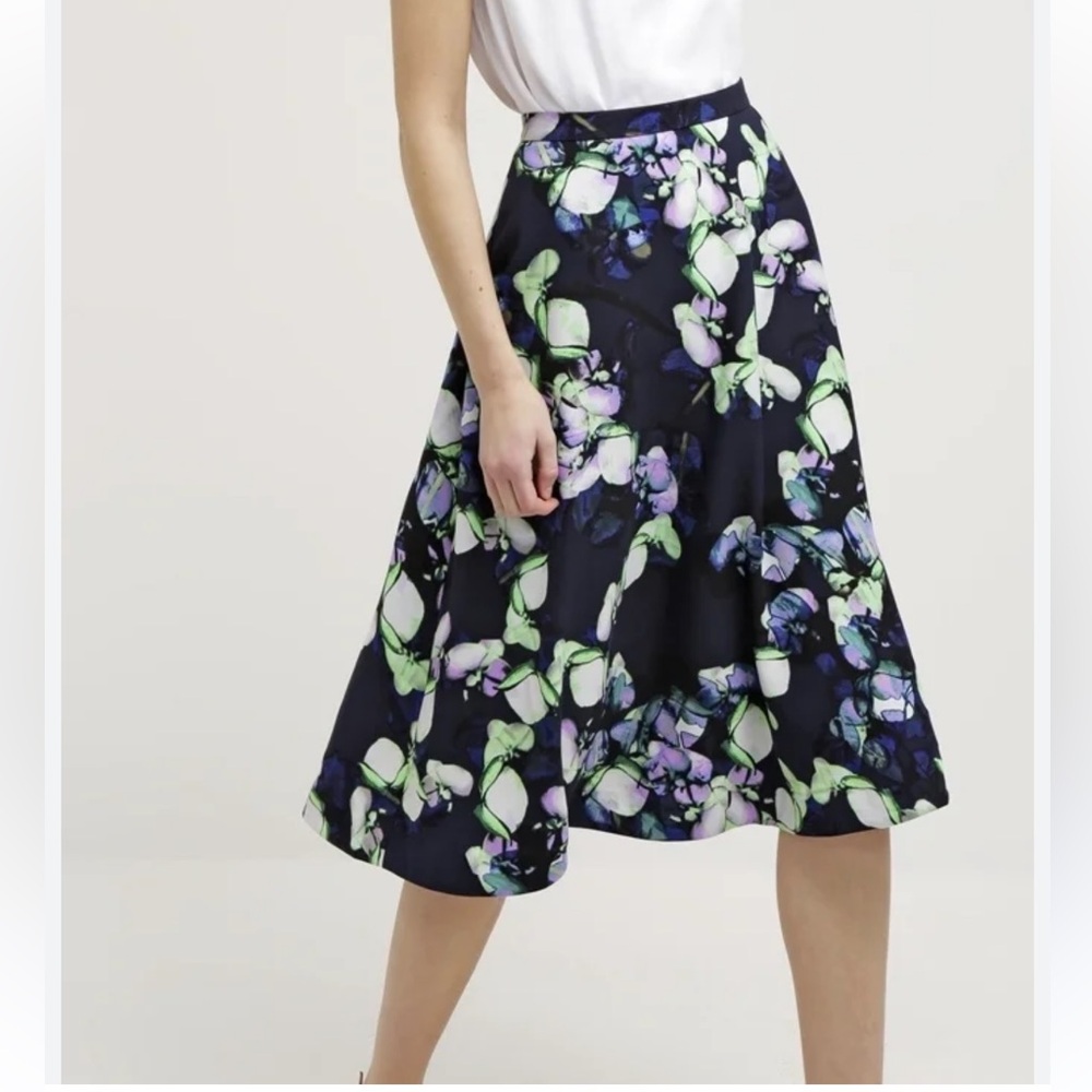 Banana Republic Floral Watercolor Print Midi Skirt Navy A-Line Career NWT-6